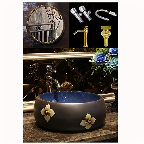 ROLTIN Lavandino da Appoggio 35 cm Lavabo da Bagno Rotondo in Ceramica Art Retro con Smalto Lucido Lavabo da Bagno con Rubinetto e Scarico Completo 39,5 * 34,5 * 15 cm