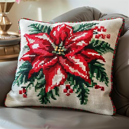 Lfynior Coussin Point de Croix Noël Coussin de Broderie 45X45cm Coussin Brodé avec Fil et Aiguille à Broder Décoration Point de Croix Complet Broderie Pré-imprimé DIY pour Adulte la Chambre
