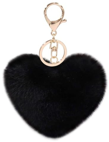 Wisafory Pompons Schlüsselanhänger Süße Herz Plüsch Ball Taschenanhänger Flauschige Bommel Keychain Schlüsselbund Liebe Puschel Charm Anhänger Fellbommel für Frauen und Mädchen Schwarz