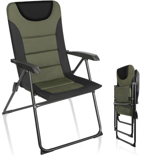 Homecall Anglerstuhl bis 150kg,Campingstuhl Klappstuhl (Grün - 1 Stück) | Hochlehner - Faltbar Balkonstuhl Gartensessel Outdoor Schnelltrocknen 5-Fach Verstellbare Rückenlehne mit Armlehne