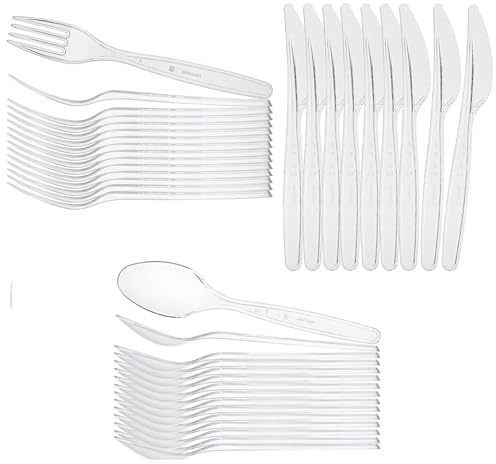 Premium Heavy Duty Clear Plastic Cutlery Set 50pcs - Re-usable & Dishwasher Safe 50 Forks, 50 Spoons, 50 Knives - Ideal for Parties, Weddings, Events, Picnics, Office & Everyday Use
