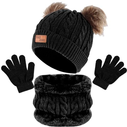 Chstarina Conjunto de Bufanda y Gorro y Guantes Bebe,Gorro de Punto Térmicos Guantes y Bufanda con Forro Polar, Invierno Cálidos Beanie Bufanda Sombreros y Guantes con Pompon para Niños, Niñas
