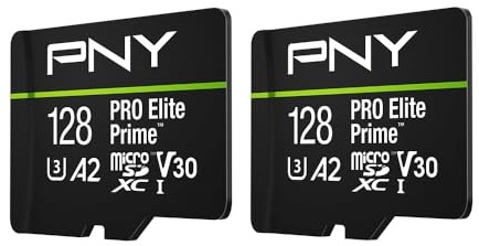 PNY Paquete de 2 Tarjetas microSDXC 128GB Pro Elite Prime Class 10 U3 V30 A2 + Adaptador SD - Hasta 200MB/s, Class 10, U3, V30, A2, 4K UHD, Full HD, UHS-I
