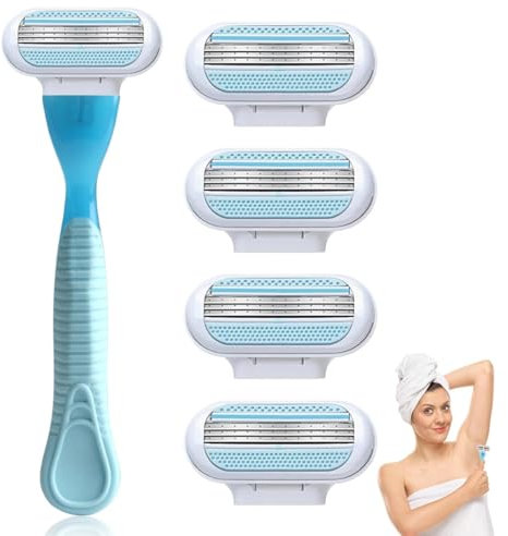 NHQZ mujer cuchillas de afeitar recambios mujer,afeitadora mujer，maquinilla de afeitar mujer,Set de 5 piezas con mango azul y 4 cabezales de repuesto,Depilación Suave, Apurada（azul）
