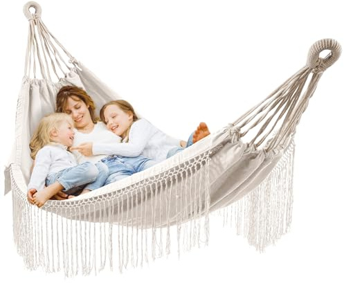HOMELEVEL Outdoor und Indoor Hängematte aus Baumwolle - 220 x 115 cm - Boho Hänge Matte aus Stoff - Hängematte für den Garten oder Balkon - Outdoor Hammock - Off-White