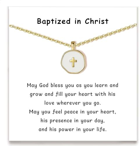 Drogomen Baptism Cross Necklace, Dainty Cross Pendant Necklace Baptism Gifts for Goddaughter Catholic Christian Easter Valentines Day Christmas Birthday Gifts for Teens (BW)
