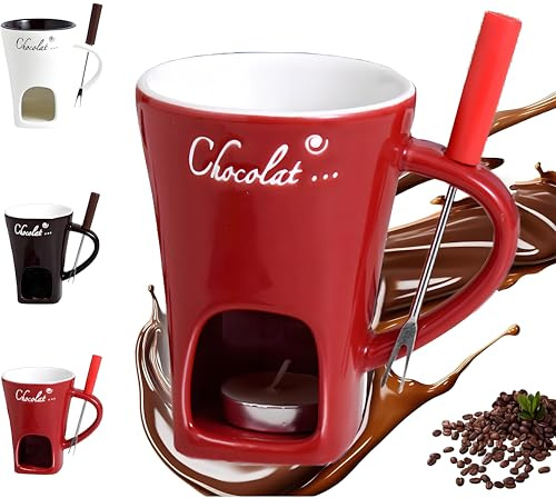Schokoladenfondue Tasse,Schokofondue Teelicht,Becher zum Schmelzen von Schokolade,Keramik Schoko Fondue,Mehrzweck Chocolate Fondue Set mit Gabel,Geeignet für Käse Schokolade Butter Karamell (Rot)