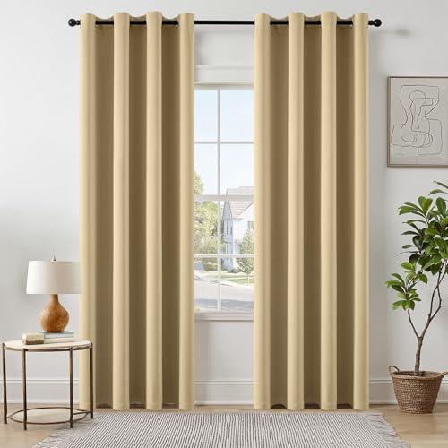 EMEMA Vorhänge Cremebeige Blickdicht mit Ösen 225 CM Lang, Weiche Verdunklungsvorhänge von Räumen 2er Set Abdunkelnde Vorhänge für Wohnzimmer Schlafzimmer Blickdichte Ösenvorhänge Jeder H225 x B140 CM