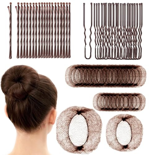 whisrvival 130pcs Hair Nets for Buns Set, 30pcs Dance HairNets(20'' & 12'') for Ballet Girls/Women, Invisible, 100pcs Secure & Natural Bun Bobby Pins(2), Brown Hair Bun Accessories