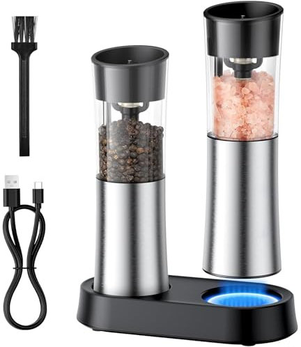 Sehuby Molinillo de pimientos, molinillo eléctrico de sales y pimientos, molinillo automático de sales, pimientos, molinillos de pimientos, recargable, ajustable, molino eléctrico para sales y