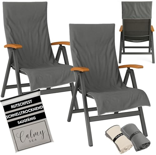 CalmySEA 2X Schonbezug Gartenstuhl Hochlehner - 130x65cm mit Kapuze Microfaser Light Weight Schonbezüge für Gartenstühle Handtuch mit Umschlag Bezug Campingstuhl (Anthrazit, 2 Stück)