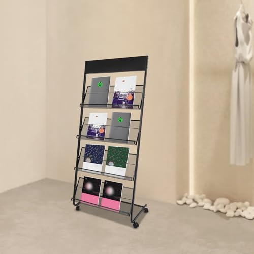 JUDEMII Revistero de pie para revistas, con ruedas, 4 estantes, para oficinas y ferias (negro)