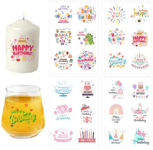 8 Stück Geburtstag Kerzenfolie Kerzen Tattoo Happy Birthday Kerzensprüche Buntes Geburtstagstorte Muster Kerzen Dekorieren Wasserschiebefolie Geburtstag für Kerze Tasse DIY Geschenk