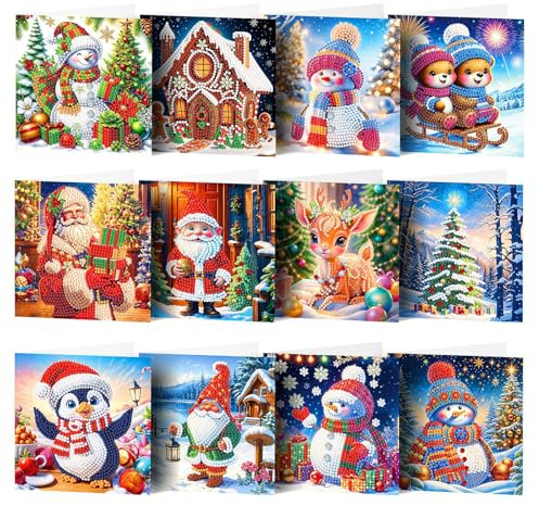 CutitiUU 12 Stück Diamond Art Weihnachtskarten,Weihnachten Diamant Malerei Grußkarte,5D DIY Diamond Painting Karten,15 x 15 CM Weihnachtskarten,Für Festivals Neujahr,DIY-Geschenk (C)