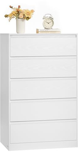 VASAGLE KAILYN Collezione - Cassettiera con 5 Cassetti, Comò, Mobile con Cassetti, Porta Abiti, 40 x 60 x 97,4 cm, Stile Moderno, Bianco Neve LTS605WE01