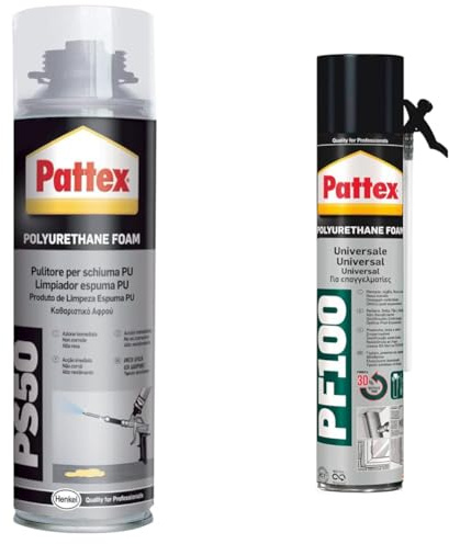 Bundle Pattex PU Solvent Pulitore per Schiuma PU,500 ml & Pattex PU Foam Schiuma Poliuretanica Universale PF 100 per Riempimenti, Coibentazioni, Insonorizzazioni e Sigillature in Infissi, 750ml