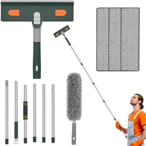 144 cm fönsteravdragare, fönsterrenare med 144 cm teleskopstång, 180° vridbart huvud, professionell fönsterrengöringsset med silikonskrapa och mikrofiberskrubb, för badrum, dusch, glas, spegel