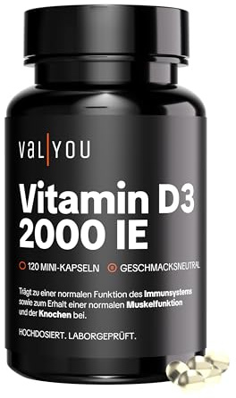 VALYOU Vitamin D3 2.000 IE ◉ 120 Kapseln je 50 μg ◉ Hochdosierte Minikapseln ◉ Vitamin D für Immunsystem, Muskeln & Knochen ◉ 8 Monate Vorrat ◉ Laborgeprüfte Premium-Qualität