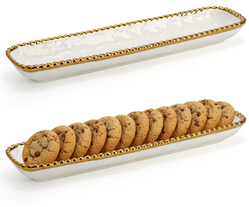 SOUJOY 2 Pack Porcelain Cracker Tray with Gold Pearl Edge, 14 Inch Rectangular Charcuterie Serving Platters, Dishwasher Safe Ceramic Cookie Plates for Cheese Ham Fruit, Perfect for Display Foods