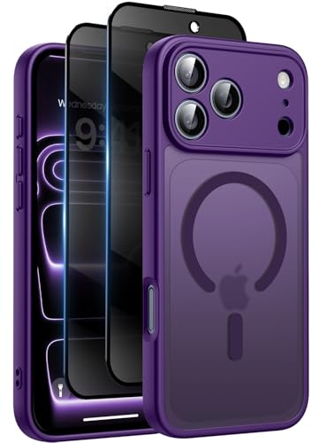 HeIssitot Magnetic for iPhone 17 Pro Case, with Privacy Screen Protectors X2, [Camera Protection] [15FT Military Drop Protection] Translucent Matte Back Slim Shockproof Phone Cover, Purple