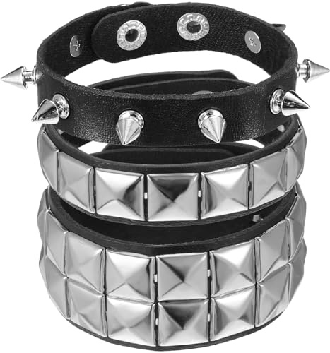 Zelphvt 3 PCS Punk Bracelets, Leather Cuff Bracelet Adjustable Gothic Bracelets 80s Rock Metal Studded Wristband Punk Accessories for Halloween Party Cosplay Unisex Accessories