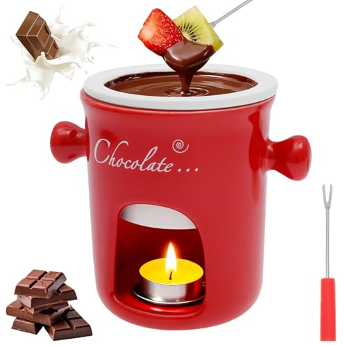 Chocolate Fondue Mug with Forks 280ml Chocolate Melting Cup Ceramic Butter Warmers Pot Set Chocolates Fondue Cup Heated Melt Hot Pot Bowl Set for Cheese Butter Candy Snack Caramel(Red)