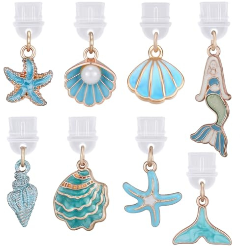 SUNNYCLUE 1 Box 8 Styles Type C Phone Charm Dust Plug Charm Ocean Themed Summer Shell Conch Starfish Mermaid Fashion Charging Port Covers Dustproof Pendants for Cellphone E-Reader Earphone Decoration
