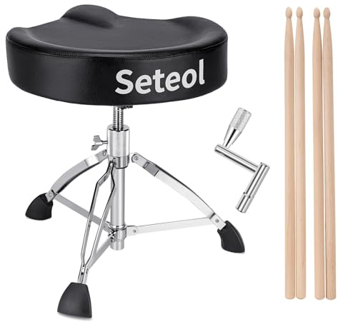 Seteol Heavy Duty Drum Throne 330 lbs, Saddle Drum Stool Height Adjustable, Ergonomic Thick Padded Drum Seat with 2 Pairs 5A Drumsticks & Drum Key for Adult Drummers