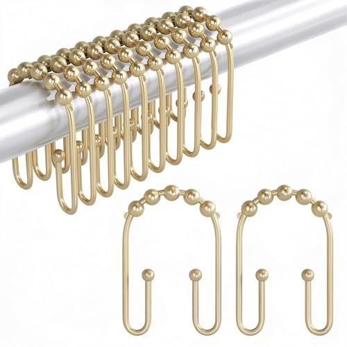 Rusokufo 12 Pieces Golden Shower Curtain Hooks Double Hooks Rust-Resistant For Bathroom