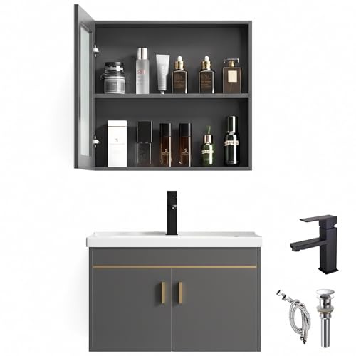 Set di mobili da bagno 70cm con lavabo e armadietto a specchio, mobile sottolavabo sospeso grigio in legno di pino, lavabo in ceramica con rubinetto e scarico, set di mobili da bagno per bagno (grigio