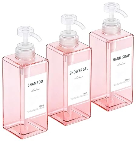 3 styck Tvåldispenser för badrum, Tvåldispenser 500 ml med etikett för bad, dusch, kök, schampo och badskum – Rosa genomskinlig