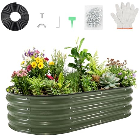 Aptliton Galvanized Raised Garden Bed Kit 4ft×2ft×1ft, Oval Metal Planter Box with Rubber Edging & Tools, Outdoor Raised Planter for Vegetables Flowers Herbs, Green