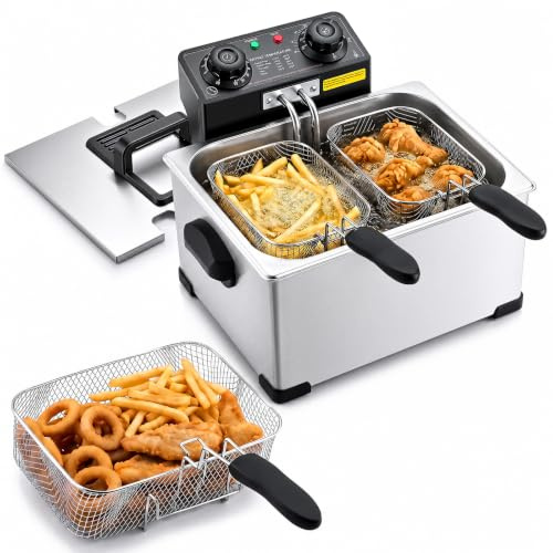 VEVOR Commercial Deep Fryer, Stainless Steel Countertop Fryer with Baskets & Lids, Temp Control, Overheat Protection, for Commercial Restaurant, Single Fryer-9.5Qt