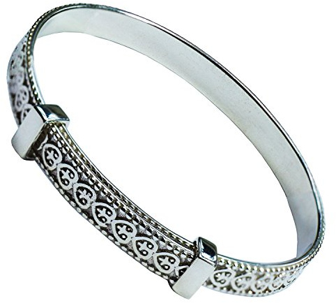 Sólido 925 pulsera de plata de ley bebé ampliar con amor celta corazones y Millgrain negro Black Leatherette Gift Box
