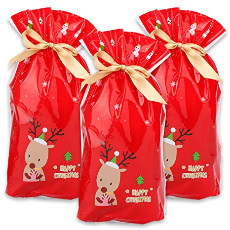 Weihnachten Geschenkbeutel mit Kordelzug,50 stücke Urlaub Rot Rentier Weihnachts Paket Geschenk Paket Süßigkeiten Süße Tasche Kunststoff Weihnachten Goody Bags für Hochzeitstag Frohe Weihnachten
