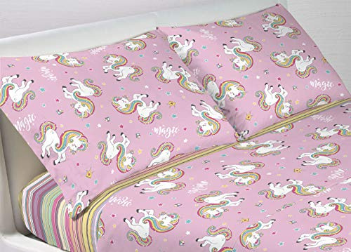 BIANCHERIAWEB Completo Lenzuola in 100% Cotone Disegno Unicorno 1 Piazza e Mezza Unicorno