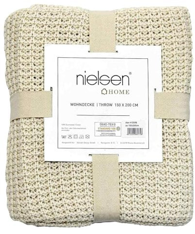 nielsen HOME Wohndecke Alen grob gestrickt, 150x200 cm, Creme Weiß, 100% Baumwolle, Strick, Grobstrick, Ökotex, Strickdecke, gemütliche modische Elegante Decke
