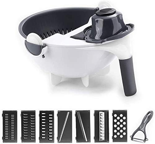 SFXFJ Affettatrice di Verdure Multifunzione 12 in 1 con Cestello di Drenaggio, Rotativa Julienne Grattugia, Utensile da Cucina Affettare Frutta e Verdure, Vegetable Cutter, Bianco