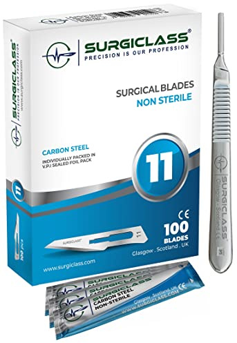 Scalpel Blades # 11 Carbon Steel Non Sterile Scalpel Surgical Blades Box of 100 and Steel Handle for Wood Art, Surgical, Sculpting, Repairs, Lab Anatomy, Sign, Card Making Lab Training SURGIBL11-100