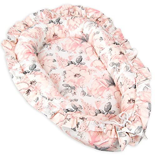 Pimko Babynest, 2-sidigt, minkymaterial, babybädd för bebis, gosigt bo, 100% bomull, babykokong för spädbarn och nyfödda, lämpligt för hemmet, 55 x 90 cm (blomma)