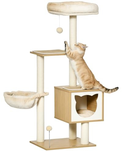 PawHut Kratzbaum Katzenbaum mit Katzenhöhle Plattform Höhe 126 cm Kletterbaum aus Holz Katzenkratzbaum Spanplatte Sisal Kurzplüsch Beige 48 x 40 x 126 cm