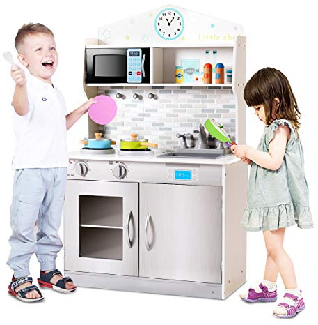 Maxmass Kids Wooden Kitchen, Children Pretend Play Kitchen with Detachable Sink and Double Door Cabinet, Simulation Cooking Toy Set for 3-8 Years Old (Silver)