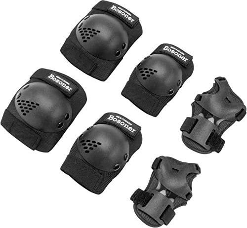 BOSONER Knieschoner Kinder Schoner Inliner Protektoren 6er Set Schützer Inliner Inline Skates Knie Und Ellenbogenschützer Schutzausrüstung Knieschützer Skateboard (Schwarz, M (6-15Jahre))