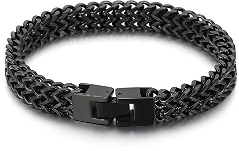 Whoiy Herren Personalisiert Armband in Edelstahl, Weizenkette Kettenarmband Geschenkidee für Männer, 22cm Länge, 10mm Breite, Schwarz