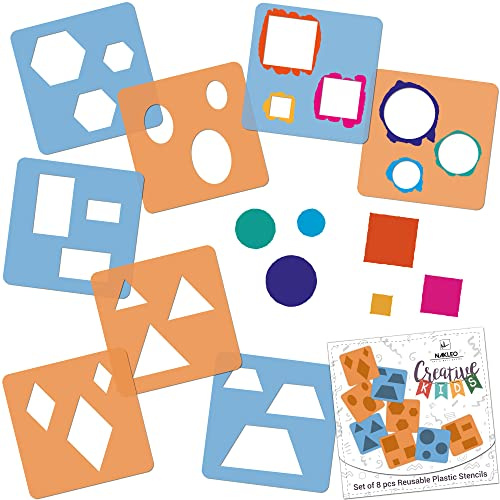 NAKLEO Painting Stencils for Kids, 8 Pcs Set 6x6” Geometric Figures, Children Creative Drawing Templates Plastic and Reusable, DIY Decoration Arts and Crafts, Paper Wall Wood Fabric