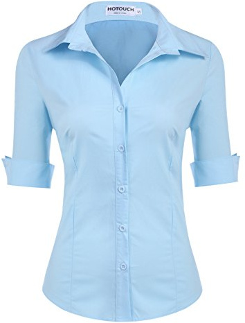 Hotouch Chemisier Femme Coton à Manches Courtes Chemise Boutonnée Shirt | Col en V Blouse | Classique Tops | Solide | Chemise de Travail | Business Top | XS-XXL