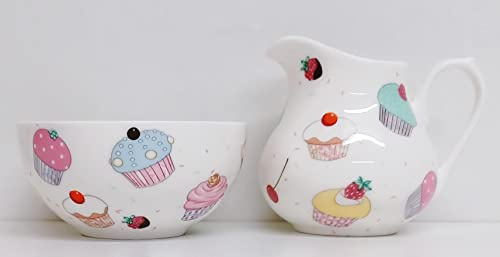 Fairy Cupcakes Cream/Milk Jug and Sugar Bowl Fine Bone China Matching Set Hand Decorated in UK