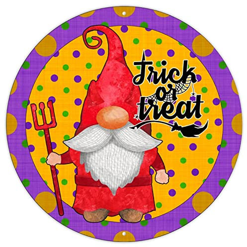 Lila und grün gepunkteter Kranz Zwerge Metall Türhänger Halloween Trick or Treat Aluminium Schild Halloween Willkommen Türhänger Happy Boo Season Gnomes Retro Vintage Art Wandschild 30,5 x 30,5 cm