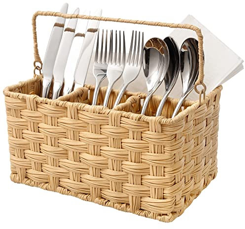 GRANNY SAYS Kitchen Utensils Holder, Pack of 1 Cutlery Holder for Table, Handwoven Wicker Cutlery Organiser Stand, Condiment Organiser Silverware Holder, Cute Utensil Organiser for Countertop