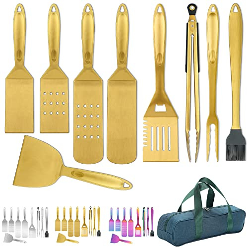 Kyraton Gold Grill Zubehör Kit 9 teilig, Grill Zubehör Set, Titan Gold Beschichtung Edelstahl mit Bakelit Griff Hitzebeständig und Keine Schmelze, Ideal für Outdoor BBQ, Teppanyaki, Camping